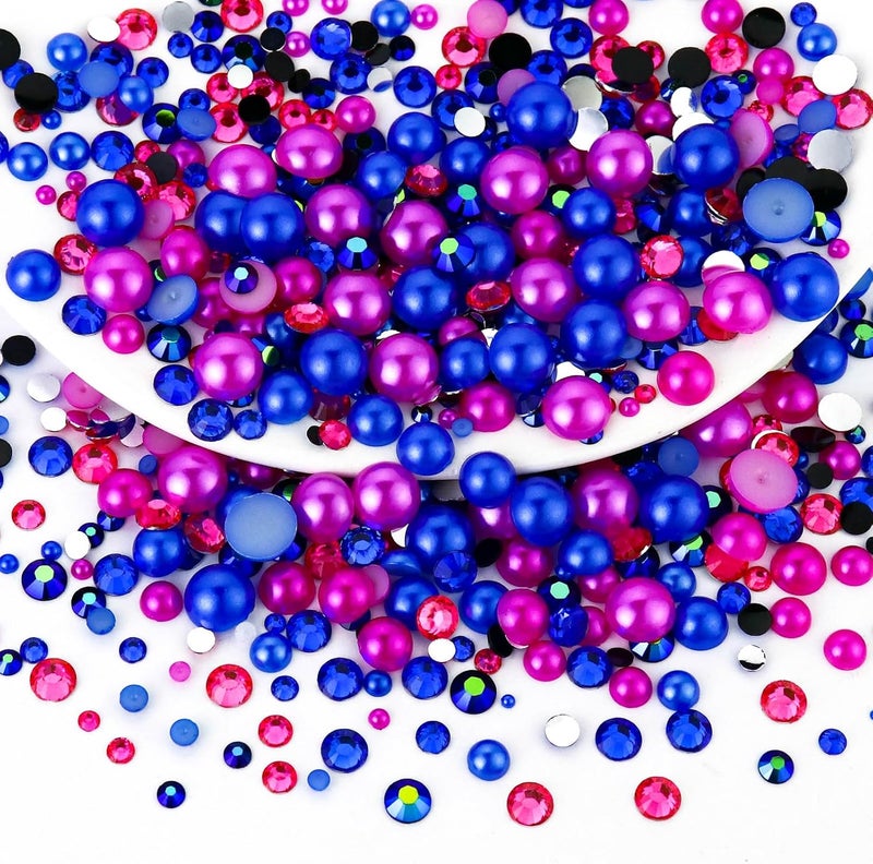 Towenm 60g Flatback Pearls and Rhinestone, 2mm-10mm Mixed Rhinestones and Pearls for Crafts Tumblers Shoes Nails Face Art, with Picker Pen, Blue|Rose|Hot Pink - Image 1